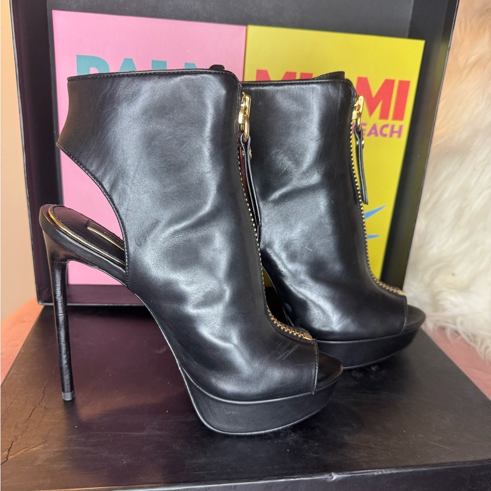 Rachel Zoe Black Peep-Toe Stiletto Ankle Booties with Gold Zipper